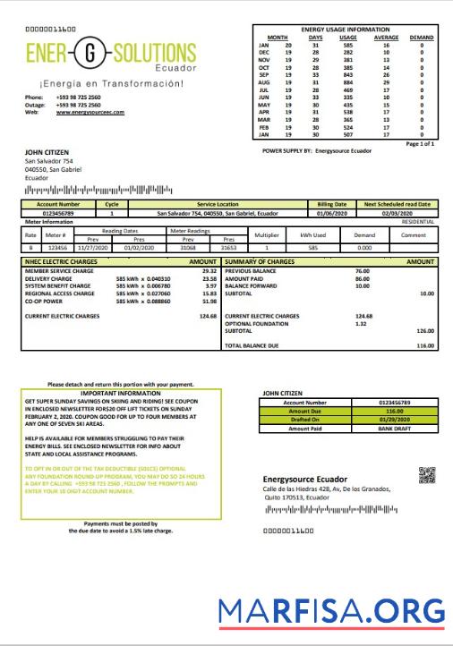 Downloadable Ecuador Energysource Ecuador energy utility bill template in Word and PDF format